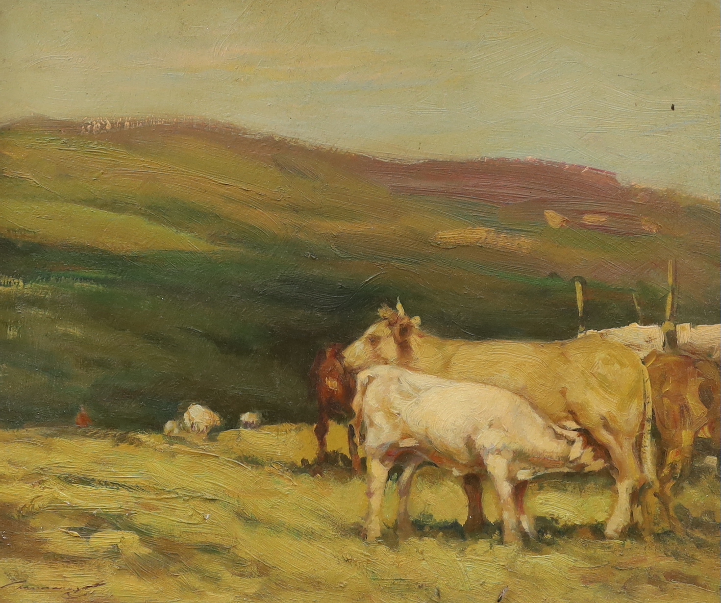 Ken Moroney (b.1949), oil on board, Cattle on a hillside, signed, 29 x 35cm